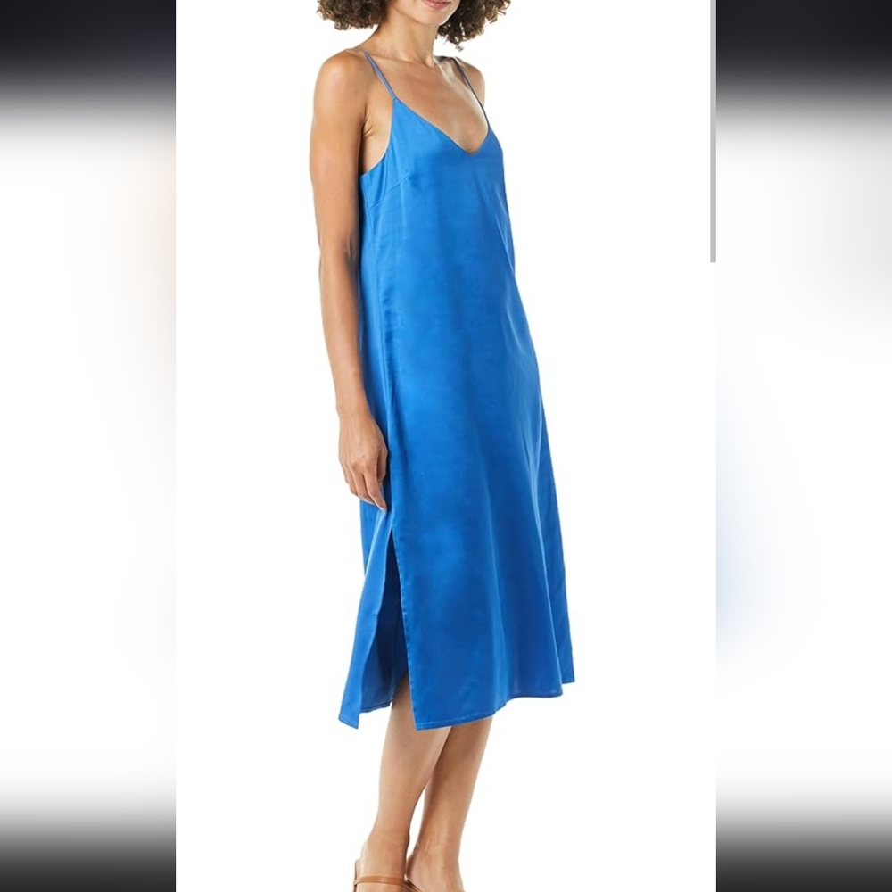The Drop XXL Ana Womens Blue V-neck Silk Effect Mid Length Slip Dress